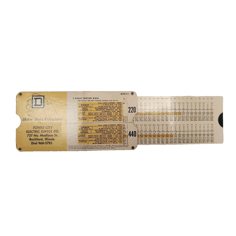 1965 Square D Motor Data Calculator Chart Pocket Slide Rule Reference Guide